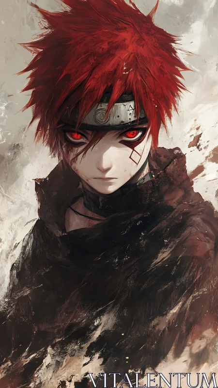 Red-eyed anime warrior rendered with high-contrast painterly strokes
