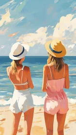 Sunhat confidants soaking in a pastel seaside afternoon.