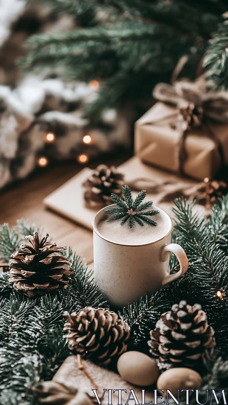 Cozy holiday mug rests among pinecones, gifts, and greenery