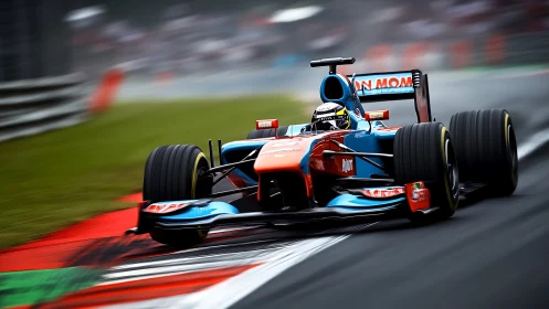 Colorful Formula race car charging through a fast corner.