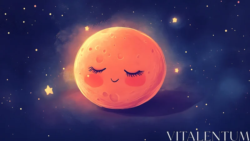 Luminous anthropomorphic moon sphere in stylized nebular field.