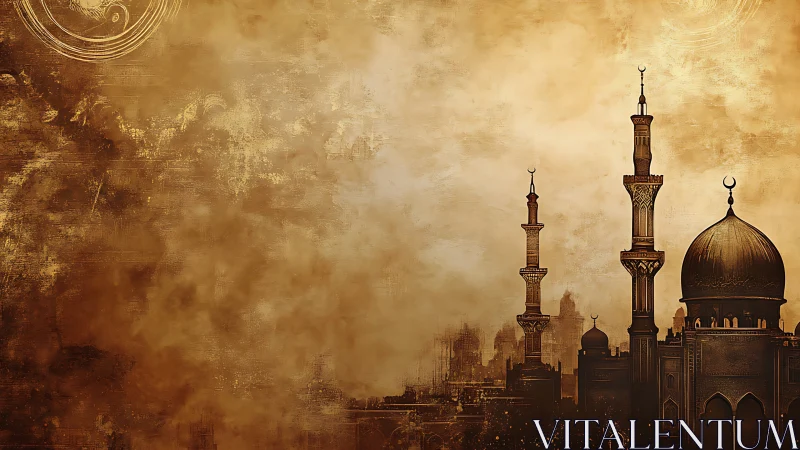 Islamic skyline silhouette stands against textured sepia sky
