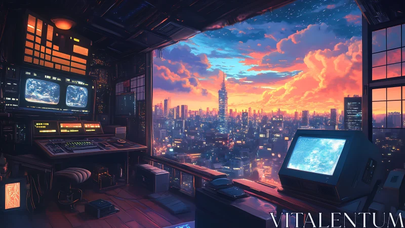 Retro-futuristic control loft overlooking neon city at dusk