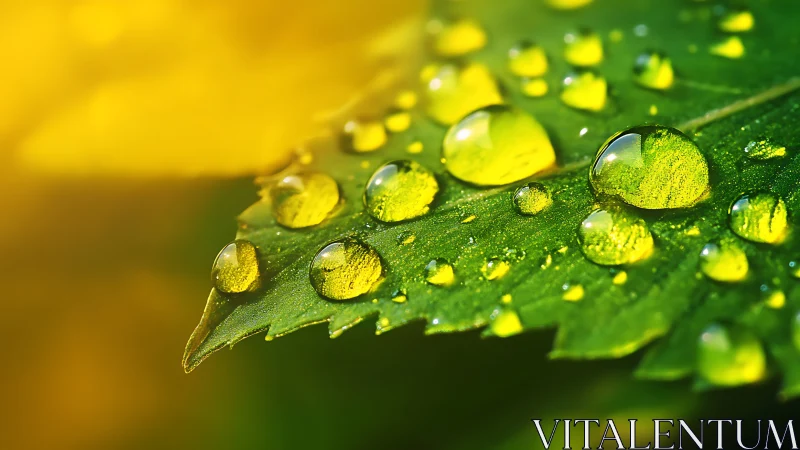 Morning jewels parade across a sunlit emerald leaf