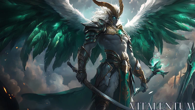 Celestial winged warrior commands stormlit emerald skies.