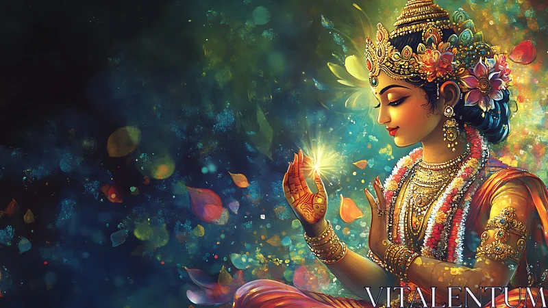 Radiant goddess in glowing garlands and swirling color light.