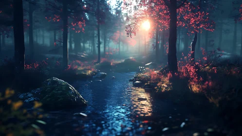 Enchanted Forest Stream at Sunset. Mystical Woodland.
