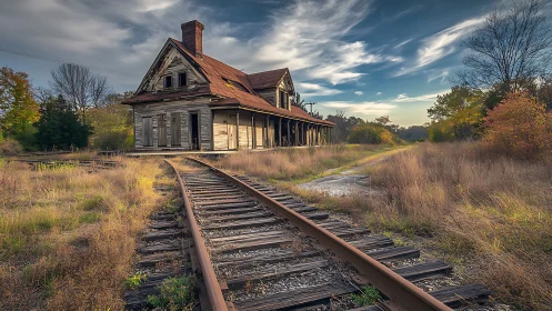 Forgotten depot leans into winding rails under restless skies