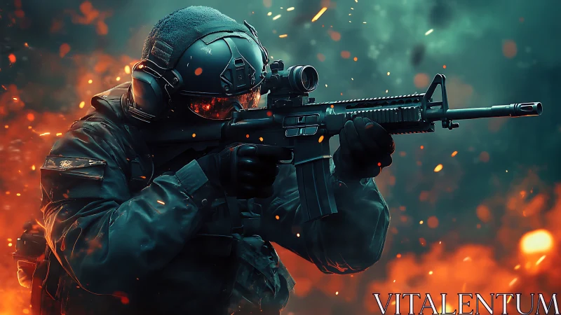 Tactical soldier aiming rifle in fiery combat scene.