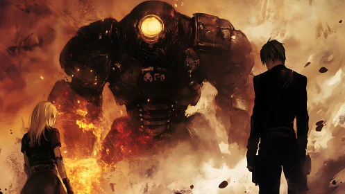 Two lone fighters confront a burning war mech amid chaos