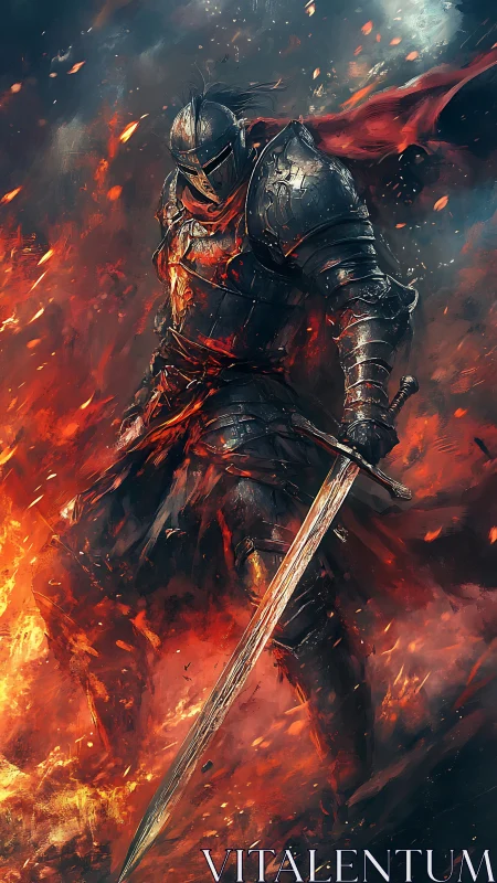 Digital painting of a firelit armored knight with greatsword composition.