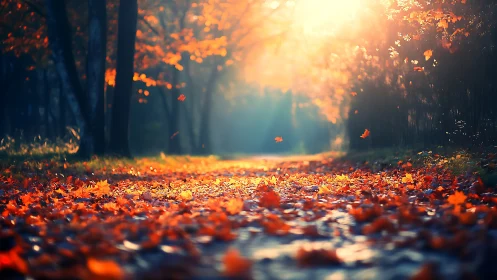 Sunlit autumn path where drifting leaves ignite the forest.