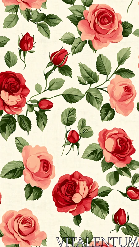 Vintage red and pink rose pattern repeats on cream ground