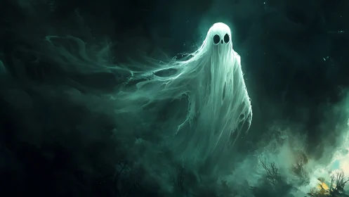 Gentle ghost unravels into stormy teal midnight fog