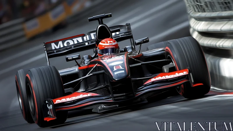 Roaring black race car charges through a tight city circuit