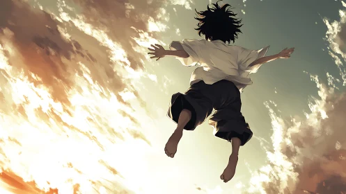 Boy suspended midair against glowing sunset clouds