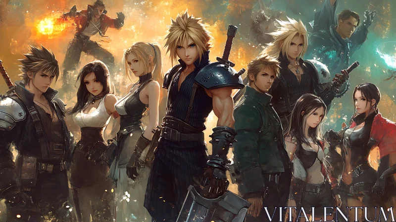 Epic anime warriors stand united amid blazing battlefields.