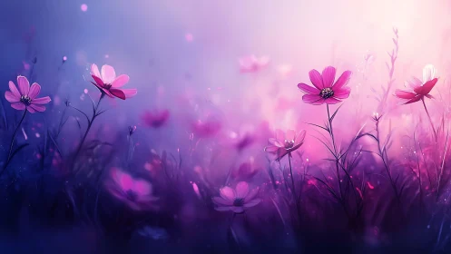 Cosmos flowers field gradient transition purple pink blue.