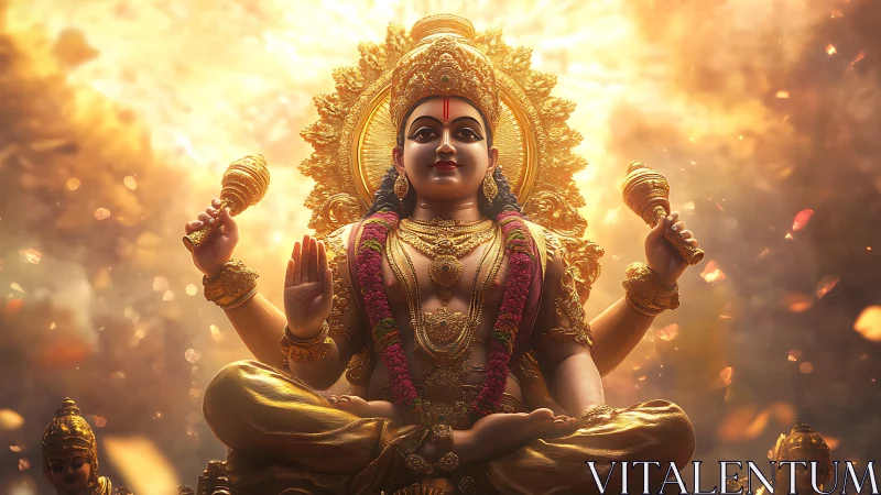 Radiant Hindu deity seated in golden celestial light.