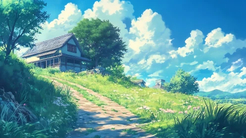 Country hillside house stands beside winding dirt path