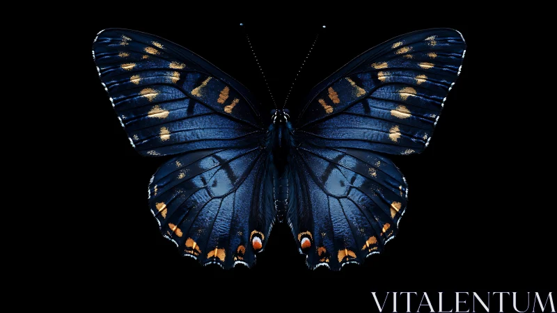 Midnight blue butterfly with metallic orange highlights.