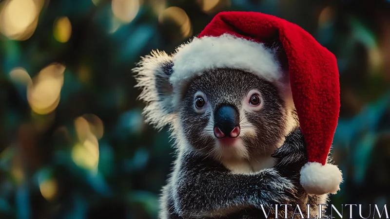 Festive koala astonished in a plush red Santa hat.