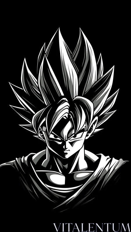 Spiky haired warrior rendered in stark monochrome profile