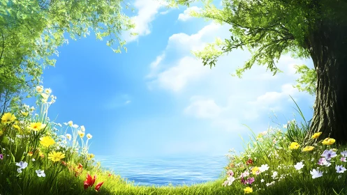 Gentle spring meadow opens onto calm, sparkling blue water