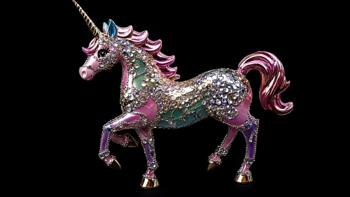 Jeweled pastel unicorn statue with iridescent crystal armor