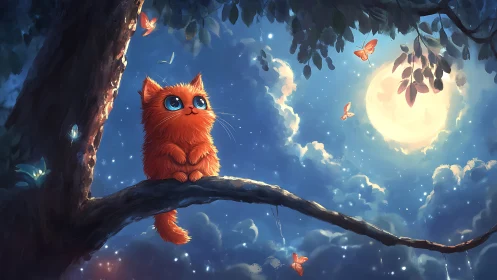 Red Cat Under Moonlit Sky with Glowing Butterflies.