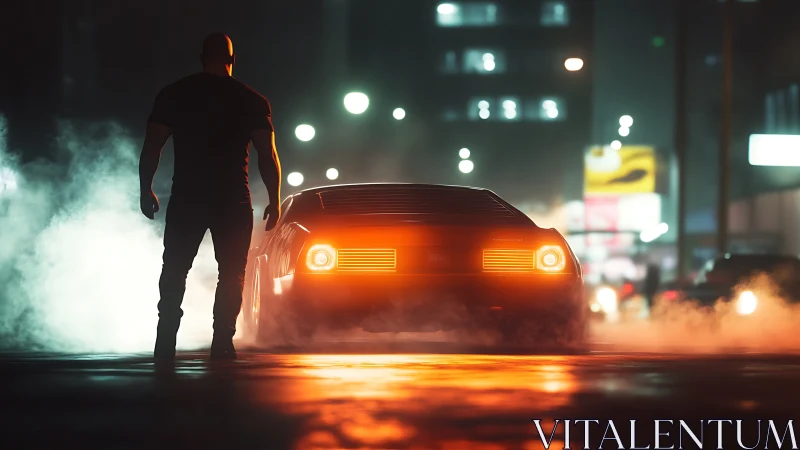 Man facing sports car in neon lit night city street scene.