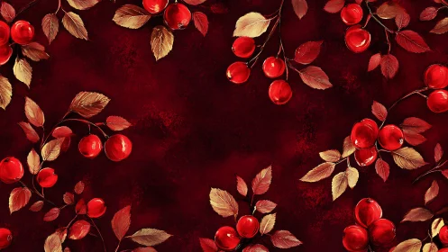Red cherries and golden leaves frame deep crimson background