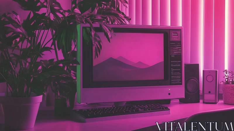 Retro desktop computer under neon magenta ambient glow.