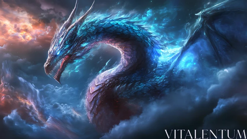 Luminous sky dragon resting in swirling stormlit clouds.
