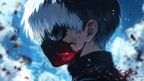 Masked anime antihero stands amid swirling embers skyward.