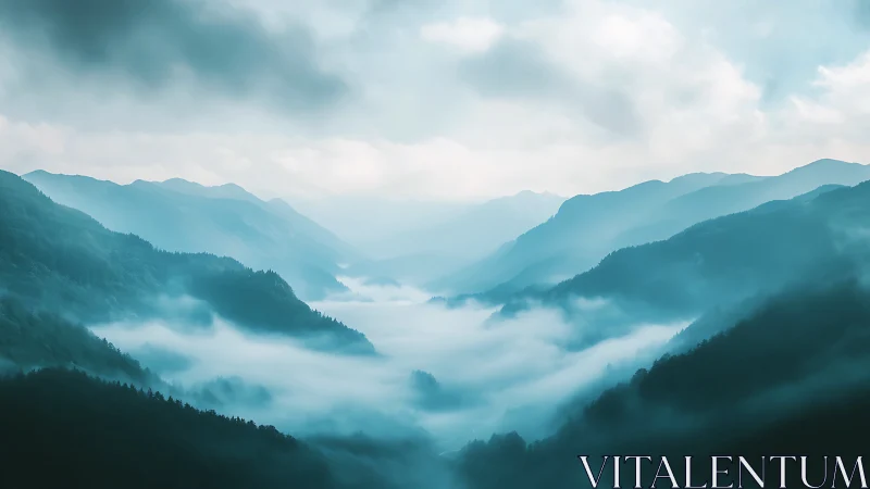 Fog-draped alpine valley with layered cyan mountain silhouettes.