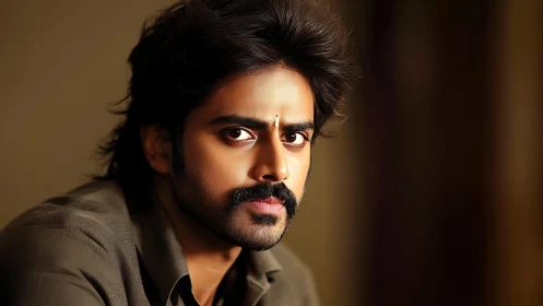 Intense gaze captures a thoughtful man in warm soft light