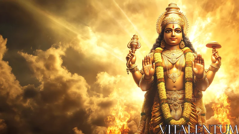 Digital painting of radiant Hindu deity amid celestial light.