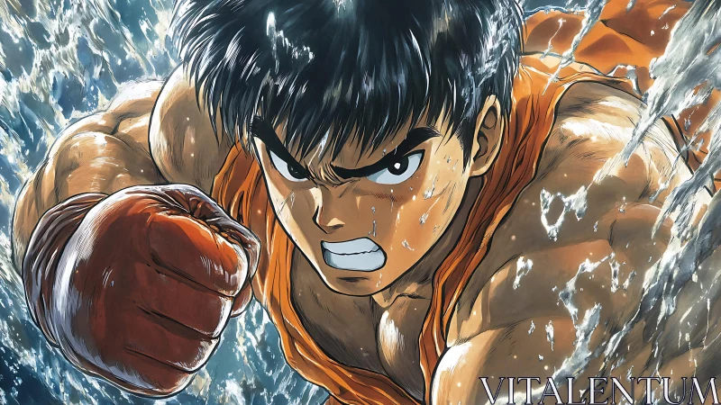 Dynamic anime boxer in kinetic water-splash action frame.