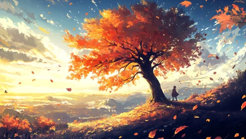 Silhouette under orange autumn tree on windy sunset hillside.