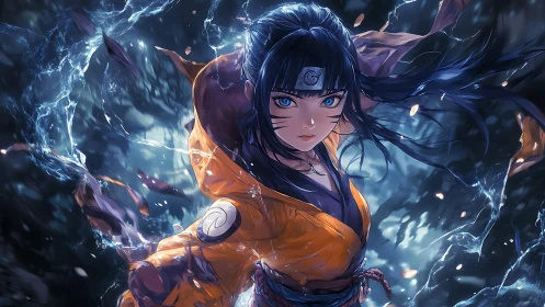 Storm-lit ninja heroine charging through swirling power.
