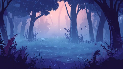 Misty Forest Clearing at Dawn with Atmospheric Layering