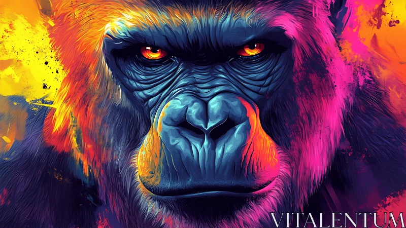 Neon storm gorilla gazes through molten jungle colors.