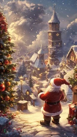 Santa surveys illuminated alpine village in snowy twilight.