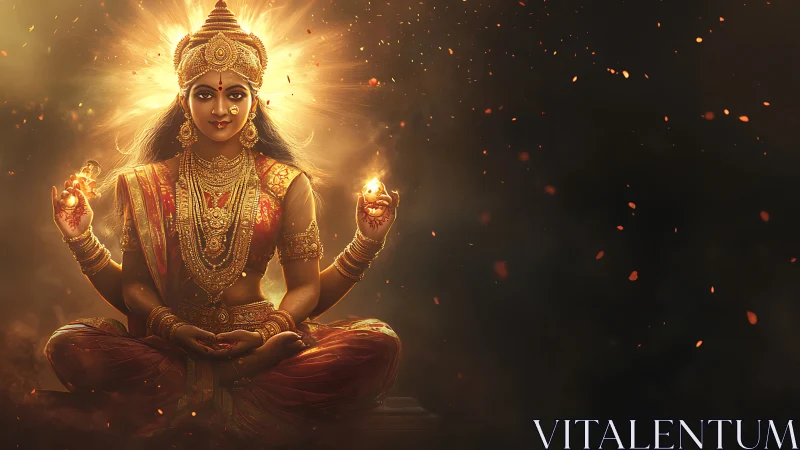 Radiant Hindu goddess manifests fire in symmetrical meditation