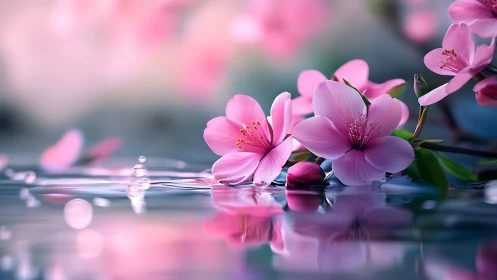 Gentle cherry blossoms drift softly across reflective water