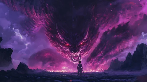 Lone warrior confronts colossal violet demon in stormy sky.