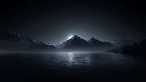 Moonlit mountain range rises above calm dark water