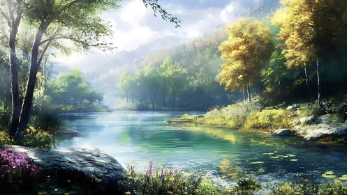 Digital rendering shows tree-lined river under diffuse daylight