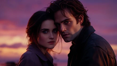 Two figures positioned against gradient twilight atmospheric background.